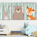 Bunny Bear Fox Forest Cartoon Animals Nordic Painting Image 3 Piece Framed Canvas Wall Art Prints For Kids Room Wall Décor