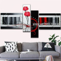 Red Rose & Streaks Abstract Handmade 4 Piece Multi Panel Painting For Room Drape