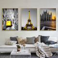 Yellow Tram Eiffel Tower Milan Cathedral Church Vintage Poster Prints