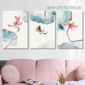 Chinese Lotus Floral Abstract Watercolor Artwork Photo Framed Stretched 3 Panel Canvas Prints For Room Décor