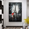 Eiffel Tower Night Modern Cityscape Heavy Texture Palette Knife Art Artist Handmade Stretched Canvas Art Painting For Restaurant Wall Art Decor