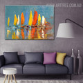 Colorful Boats Abstract Modern Seascape Handmade Nature Smudge for Living Room Wall Flourish