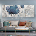 Blue Poppy Abstract Floral Panoramic Framed Palette Knife Art Heavy Texture Artist Handmade Canvas Painting For Wall Hangings