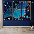 Starry Blue Butterfly Animal Heavy Texture Handmade 3 Piece Split Wall Painting Art Set for Room Onlay