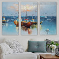 Colorful Ships Landscape Animal Modern Knife Artist Handmade 3 Piece Multi Panel Wall Painting Set For Room Wall Getup