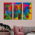 Chequered Lines Abstract Contemporary Texture Artist Handmade 3 Piece Split Canvas Painting Wall Art Set For Room Decoration