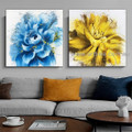 Yellow Blue Blooms Floral Heavy Texture Modern Artist Handmade 2 Piece Abstract Flower Paintings Wall Art Set For Room Decoration