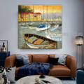 Colorific Boats Seascape Artist Handmade Acrylic Abstract Landscape Painting on Canvas For Room Wall Flourish