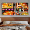 Geometric Spots Abstract Modern Artist Handmade 2 Piece Split Complementary Paintings Wall Art Set For Room Garnish