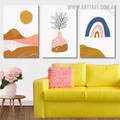 Leafage Pot Sun Scandinavian Abstract Naturescape Artwork Picture 3 Piece Framed Wall Art Prints Set For Home Wall Decoration Ideas