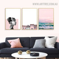 Pink Sky Woman Face Abstract 3 Piece Wall Artwork Modern Landscape Photo Canvas Print for Room Tracery