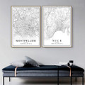 Montpellier France 2 Piece Vintage Abstract Map Artwork Photo Canvas Print for Room Wall Tracery