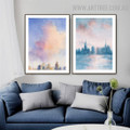 Hued Erection Buildings 2 Piece Landscape Abstract Art Watercolor Photograph Canvas Print for Room Wall Ornamentation