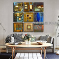 Polychrome Daubs Abstract Vintage Handmade Artist Heavy Texture 9 Piece Multi Panel Wall Art Paintings Set For Room Decor