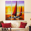 Two Sailboats Landscape Modern Heavy Texture Artist Handmade 3 Piece Multi Panel Canvas Oil Painting Wall Art Set For Room Décor