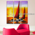 Two Sailboats Landscape Modern Heavy Texture Artist Handmade 3 Piece Multi Panel Wall Painting Set For Room Garnish