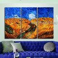 Wheat Field With Crows Landscape Reproduction Heavy Texture Artist Handmade 3 Piece Multi Panel Canvas Oil Painting For Room Garnish