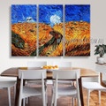 Wheat Field With Crows Landscape Reproduction Heavy Texture Artist Handmade 3 Piece Multi Panel Painting For Room Tracery