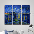 Starry Night Over The Rhone Landscape Reproduction Handmade Heavy Texture 3 Piece Multi Panel Wall Art Paintings Set For Room Decor