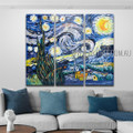 Starry Night Landscape Post Impressionist Handmade Artist 3 Piece Split Panel Painting Wall Art Set For Room Outfit