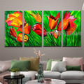 Beautiful Blooms Abstract Floral Modern Handmade Artist 4 Piece Split Oil Paintings Wall Art Set For Room Equipment