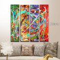 Multicolored Lines Splotches Abstract Modern Handmade Artist 4 Piece Multi Panel Canvas Oil Painting Wall Art Set For Room Equipment