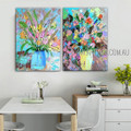 Multicolor Blooms Pot Abstract Floral Modern Artist Handmade 2 Piece Multi Panel Canvas Oil Painting Wall Art Set For Room Outfit