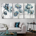 Blue Petal Flowers Floral Modern Artist Handmade 3 Piece Multi Panel Abstract Painting Wall Art Set For Room Moulding