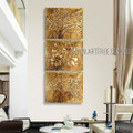 Golden Blossoms Abstract Floral Vintage Heavy Texture Artist Handmade 3 Piece Multi Panel Canvas Painting Wall Art Set For Room Disposition