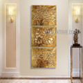 Golden Blossoms Abstract Floral Vintage Heavy Texture Artist Handmade 3 Piece Multi Panel Painting Wall Art Set For Room Drape