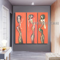 Young Ladies Abstract Figure Modern Heavy Texture Artist Handmade 3 Piece Multi Panel Canvas Painting Wall Art Set For Room Tracery