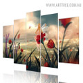 Fairy Flowers Leaves Abstract Naturescape Floral Modern 5 Piece Split Art Image Canvas Print for Room Wall Onlay