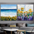 Colored Flowers Floral Seascape Modern Abstract Heavy Texture Artist Handmade 2 Piece Multi Panel Wall Art Canvas Painting for Room Decoration