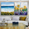 Colored Flowers Floral Seascape Abstract Contemporary Heavy Texture Artist Handmade 2 Piece Multi Panel Oil Painting Wall Art Set for Room Adornment
