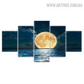 Ocean View Moon Seascape Modern 5 Piece Multi Panel Naturescape Image Canvas Painting Print for Room Wall Molding