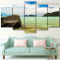 Seaside Mountains Trees Modern 5 Piece Split Floral Naturescape Art Image Canvas Print for Room Wall Trimming