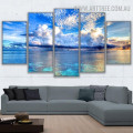 Blue Seaside Clouds Modern 5 Piece Over Size Naturescape Artwork Image Canvas Print for Room Wall Disposition