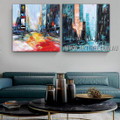 Dapple Cityscape City Architecture Abstract Modern Heavy Texture Artist Handmade 2 Piece Multi Panel Wall Art Canvas Painting For Room Decoration