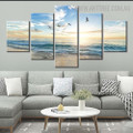 Beach Sunset Water Naturescape 5 Piece Multi Panel Bird Image Modern Canvas Painting Print for Room Wall Ornamentation