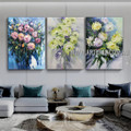 Colored Floweret Floral Modern Abstract Artist Handmade Heavy Texture 3 Piece Multi Panel Painting Wall Art Set for Room Garniture