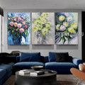 Colored Floweret Floral Abstract Modern Heavy Texture Artist Handmade 3 Piece Split Panel Canvas Oil Painting Wall Art Set for Room Drape