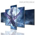 Dragon Moon Sky Naturescape 5 Piece Multi Panel Animal Image Modern Canvas Painting Print for Room Wall Ornamentation