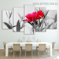 Red Floret Leaves Floral Modern 5 Piece Multi Panel Photo Canvas Painting Print for Room Wall Moulding