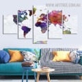 Colourful World Map Modern 5 Piece Abstract Size Over Art Image Canvas Print for Room Wall Finery