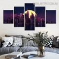 Empire State Pile Moon Modern Landscape 5 Piece Over Size Image Canvas Painting Print for Room Wall Trimming