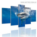 Large Shark Fish Water Modern 5 Piece Multi Panel Animal Image Canvas Painting Print for Room Wall Molding