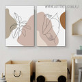 Distaff Line Figure Leaves Abstract Scandinavian Painting Photograph 2 Piece Framed Canvas Print for Wall Hanging Drape