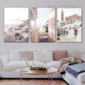 Santorini Visiting Place Buildings Landscape Modern Landscape Painting Image Stretched 3 Piece Canvas Print for Room Wall Garniture