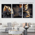 Golden Foliage Abstract Modern Artwork 3 Piece Photograph Stretched Canvas Print for Room Wall Drape