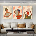 African Portrait Lady Spots Figure Abstract 3 Piece Stretched Scandinavian Painting Photo Canvas Print for Room Wall Illumination